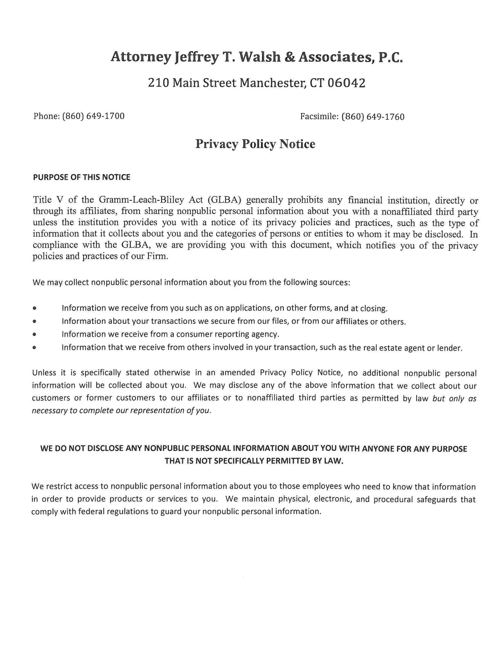 Privacy Jeffrey T Walsh & Associates PC